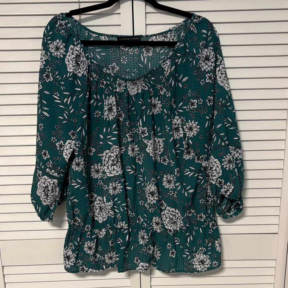 Adrienne Vittadini Floral Teal Women's 3/4 Sleeve Blouse XL